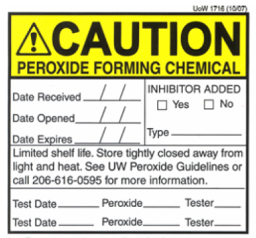 Peroxide-forming chemical label